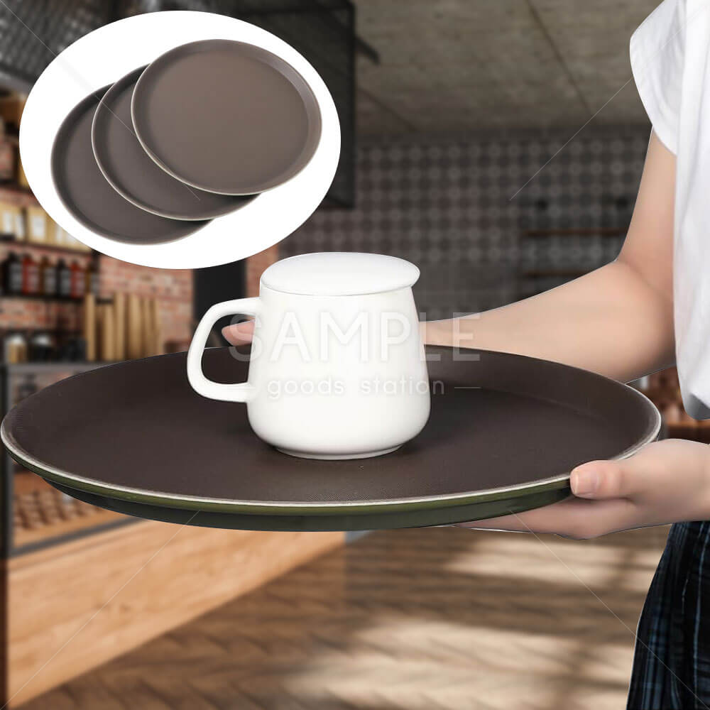 トレー お盆 丸型 3枚セット 直径35cm 滑らない表面加工 キッチン カフェ レストラン 喫茶店 ホテル 飲食店 業務用 ブラウン ポリプロピレン製 シンプル 機能的 持ちやすい