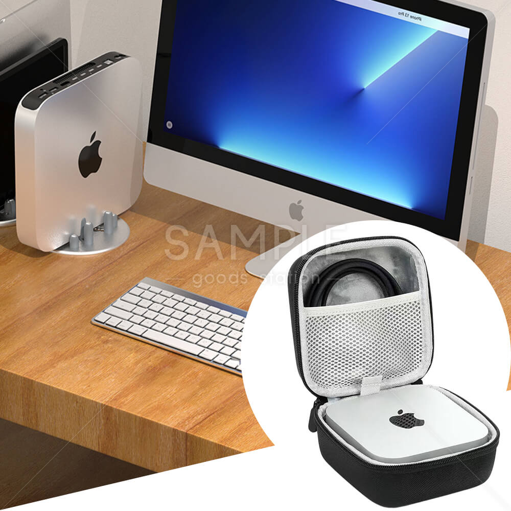 MacMiniM4収納ケース EVA素材 耐衝撃性 耐傷性 防塵 防水 持ち手ハンドル付き ベルベット素材 メッシュポケット ダブルファスナー 持ち運び 旅行 出張 ケーブル収納 ハードケース