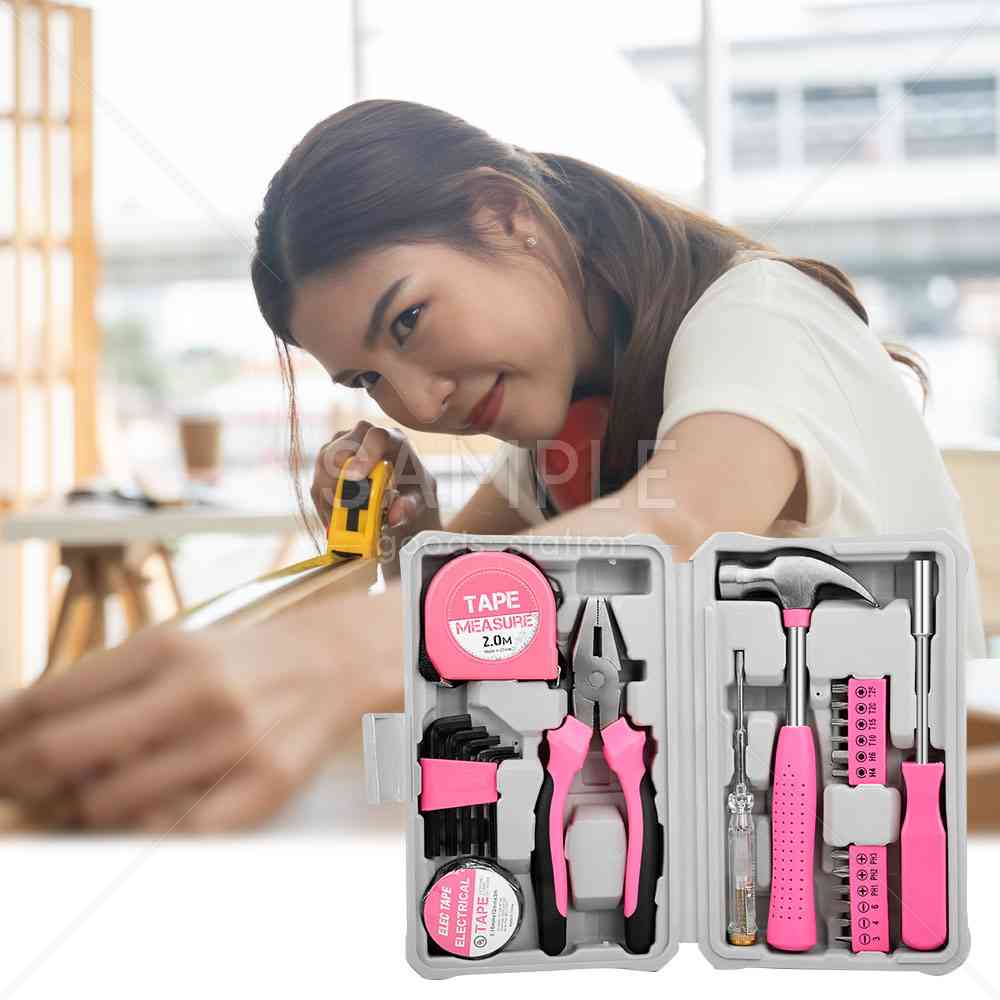 女性向け レディース 工具セット 24点 ドライバーセット ツールキット DIY バイク オフィス用 家庭用 ミニ コンパクト ハンマー ペンチ ドライバー 絶縁テープ メジャー 工具 収納ボックス ツールボックス付き ピンク×グレー