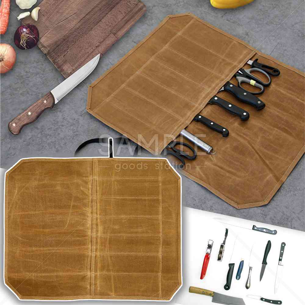 包丁持ち歩きケース 巻物 大容量 7ポケット完備 持ち運び バーベキュー キャンプ 料理教室 調理実習 防水 耐久性 コンパクト (カーキ茶)