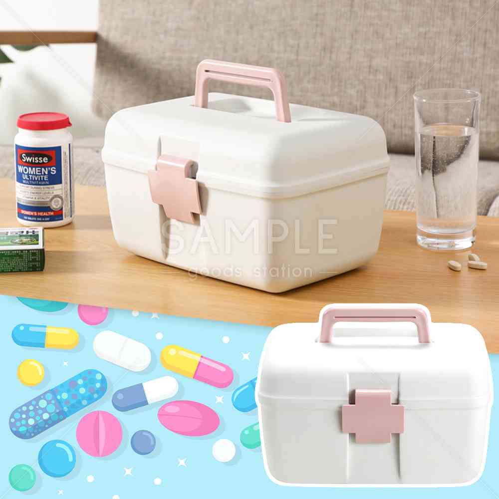 家庭用薬箱 救急セット 収納ボックス 2段式 仕切り 取り外せる 整理整頓 くすみカラー 小型 自宅 オフィス 持ち手付き 飛び出し防止ロック (ピンク)