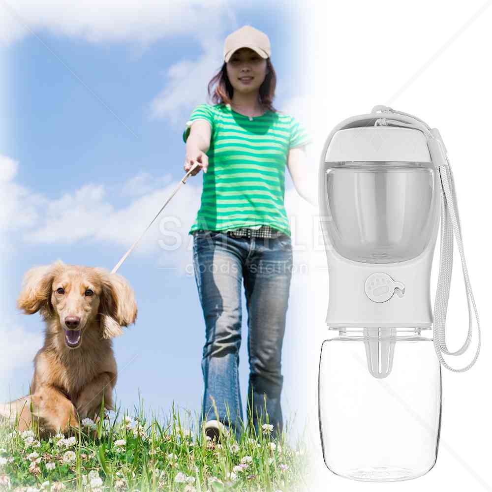 ペット用ウォーターボトル 水筒 持ち歩き 散歩 ドッグラン ドライブ 給水器付き 水飲み器 ストラップ付き ロック機能 おやつ入れ (ホワイト 350ml)