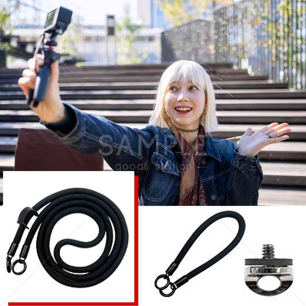 万能カメラストラップセット アクションカメラ ウェアラブルカメラ デジカメ 一眼レフ 1/4インチネジ 斜め掛け 首掛け 手提げ 手首 長さ調整 (ブラック)