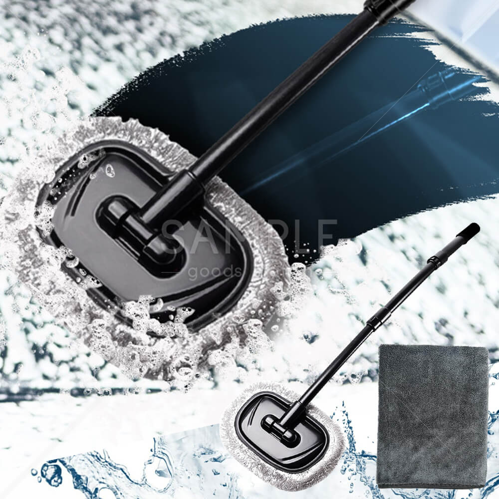 洗車 湾曲モップ 15°洗車ブラシ 伸縮可能 60〜112? 長さ調節 3段階 柔らかいモップ 極細繊維 マイクロファイバー 180度回転 洗車タオル 大判 60?×90? 吸水 速乾 埃 泥 砂 ルーフ 窓 （洗車モップ＆洗車タオルセット）