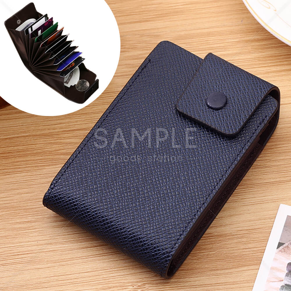 カードケース メンズ スタイリッシュなデザイン コンパクト 大容量 縦入れ ネイビー カード 現金 お札 レシート 領収書 鍵 蛇腹 ボタン式 シンプル PUレザー使用 取り出しやすい アコーディオン式